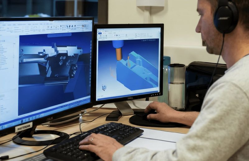 Co-engineering Mustad Belgium — programmation CAM sur double écran